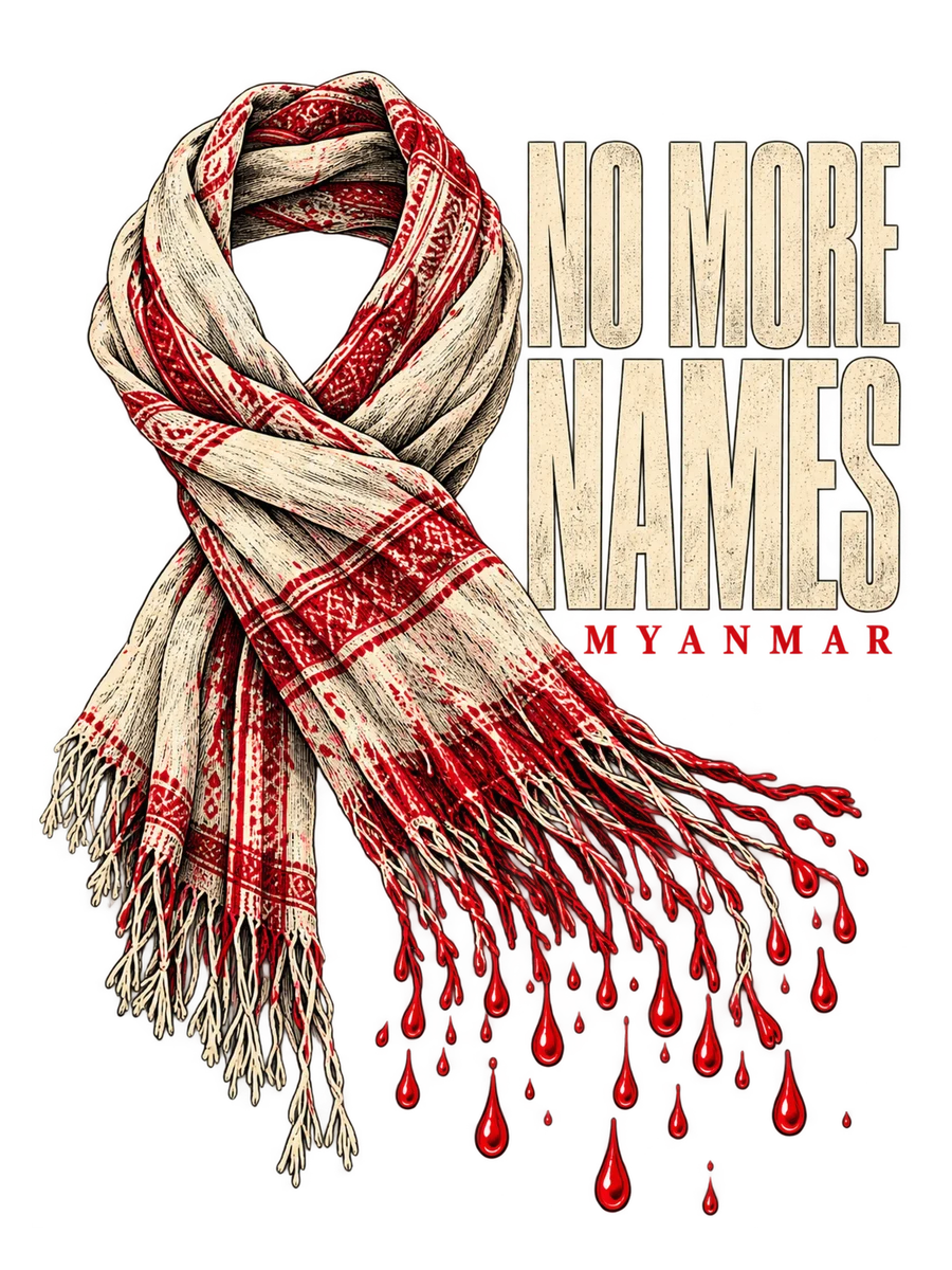 Red and cream memorial scarf with the words No More Names, Myanmar