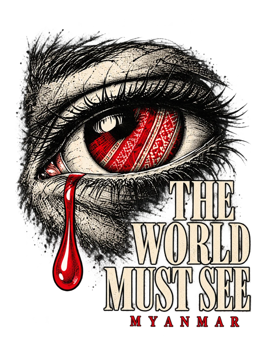 The World Must See: a grieving eye with a red tear and a red and cream scarf reflected in the iris.